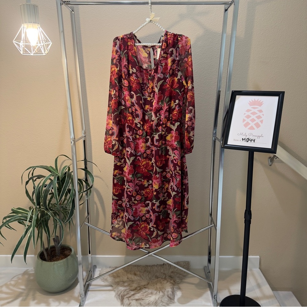 NWT Fraiche by J size L long sleeve sheer burgundy floral midi dress